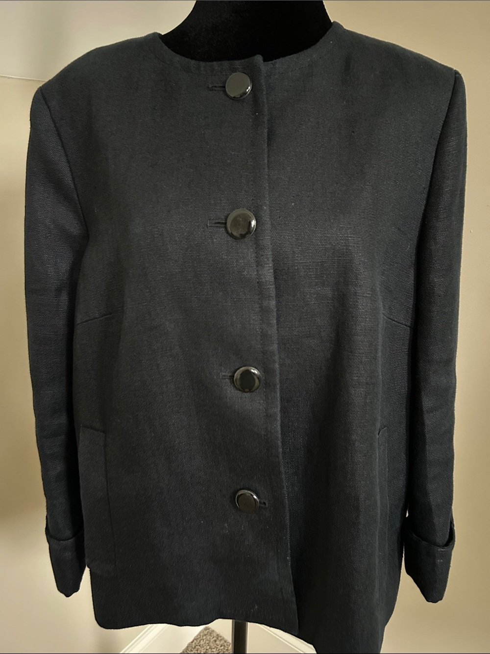 Talbots Black linen Collarless Button-Front Blazer